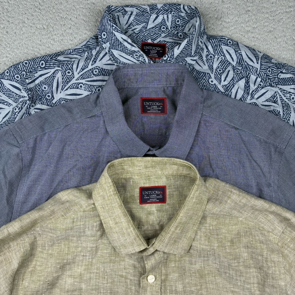 UNTUCKit Lot 3 Men's Large Button Up Shirts Short Sleeve Slim Fit Linen Cotton